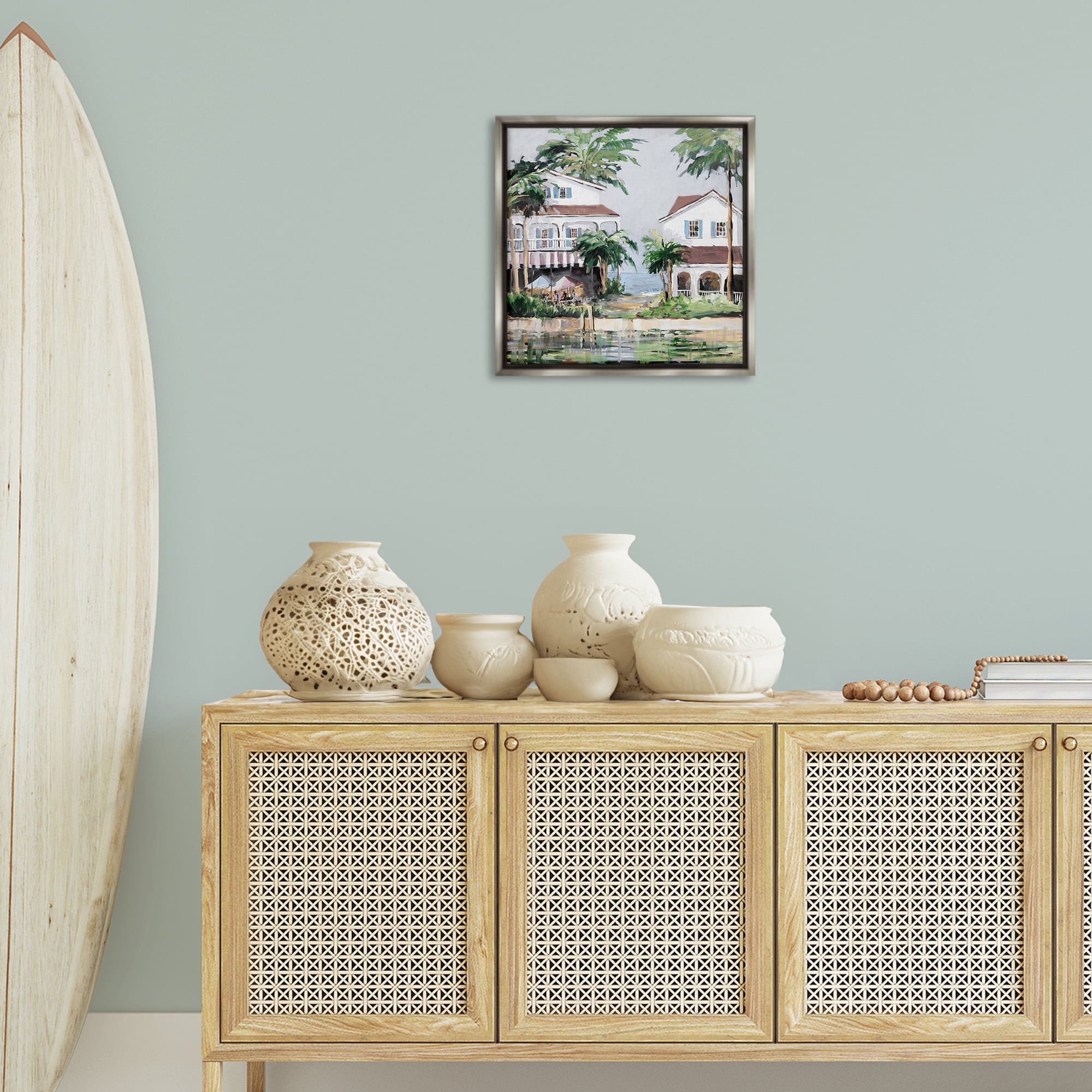 Stupell Industries Coastal Bay Cottages Coastal Painting Gray Floater Framed Canvas Art Print Wall Art, 18 x 18