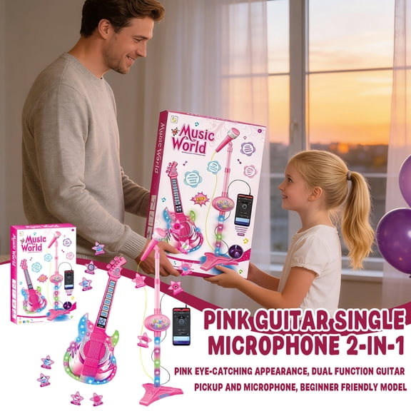 Kids Karaoke Microphone & Guitar Set with Stand, Portable Kids Karaoke Machine, Kids Microphones with Music & Colorful Light Birthday Gifts for Kids Boys Girls Toddlers