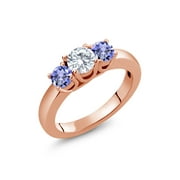 Gem Stone King 18K Rose Gold Plated Silver 3-Stone Wedding Jewelry Bridal Ring Forever Classic Round 1.10cttw Created Moissanite by Charles & Colvard and Tanzanite