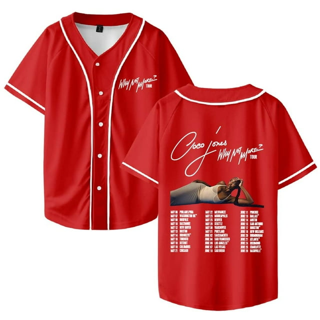 Coco Jones Why Not More Tour Merch Maillot de Baseball Col en V Chemise Femmes Hommes Manches Courtes Mode Urbaine Vêtements,L,Rouge