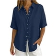 thumbnail image 4 of Womens Summer Causal Button Down Tops Fashion Casual Linen Solid Color Flared Open Front Short Sleeve Button-Up V-Neck Pocket Top Breathable travel-friendly blouses, 4 of 6