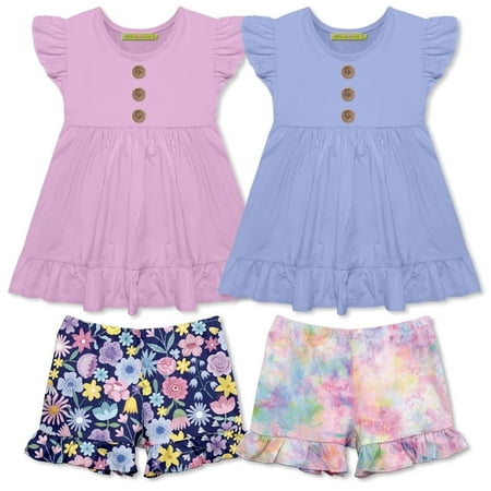 Millie Loves Lily Girls Lilac & Periwinkle Tops & Printed Shorts Set Big Girls Size 10/12+ 4PCS