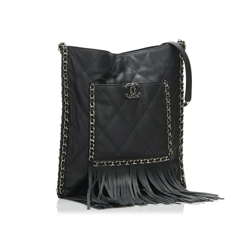 Unisex Pre-Owned Authenticated Chanel Small Fringe Shopping Bag Lambskin  Leather Black Shoulder Bag 