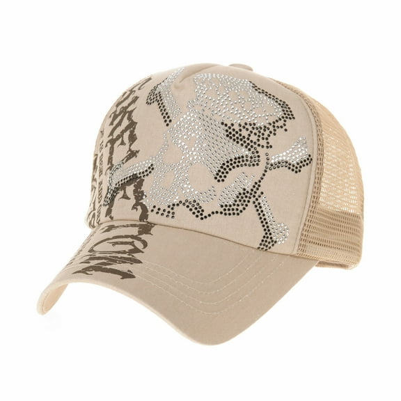 WITHMOONS Meshed Baseball Cap Skull Rhinestones Trucker Hat KR1751 (Beige)