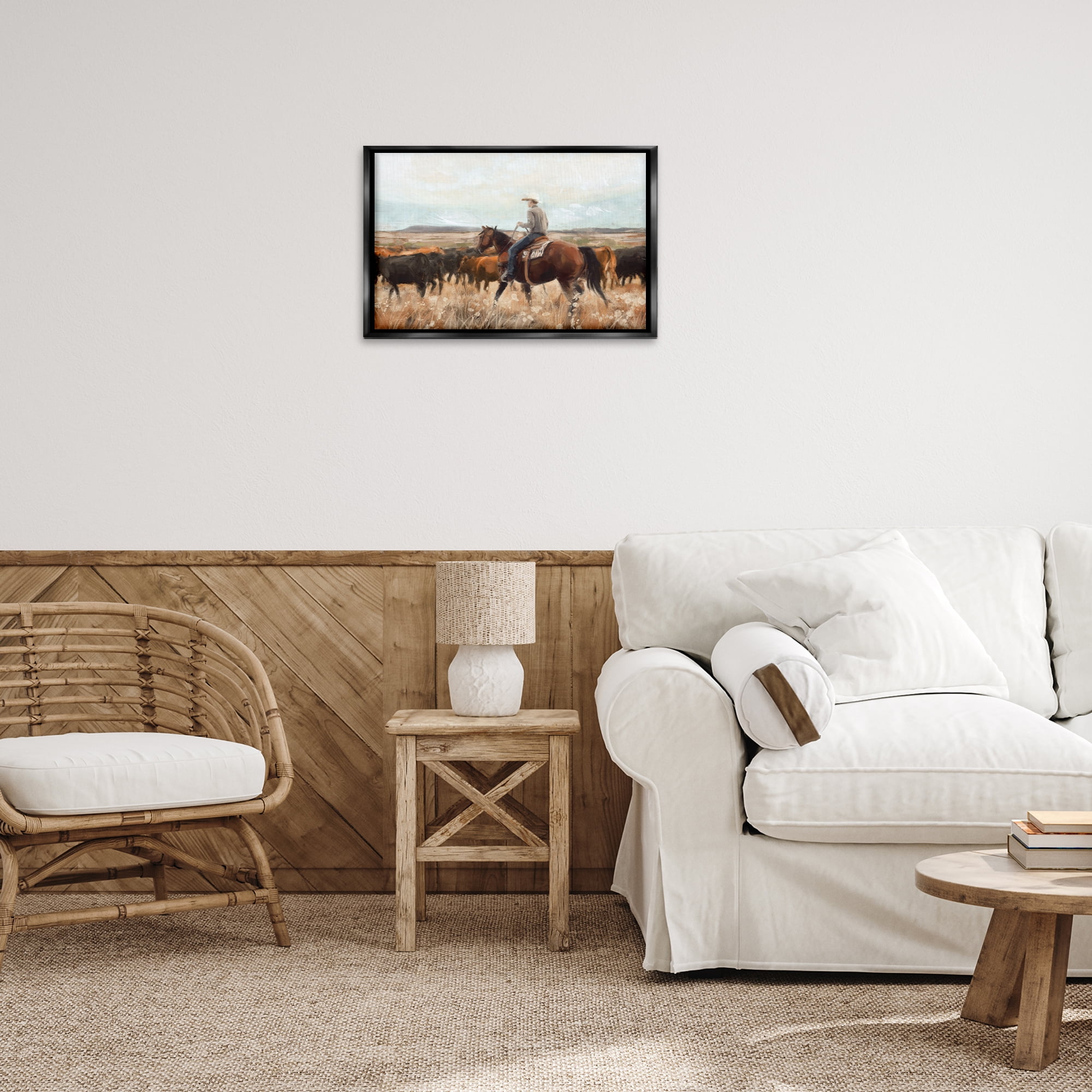 Stupell Industries Cowboy On The Range Landscape & Nature Painting Black Floater Framed Canvas Art Print Wall Art, 25 x 17