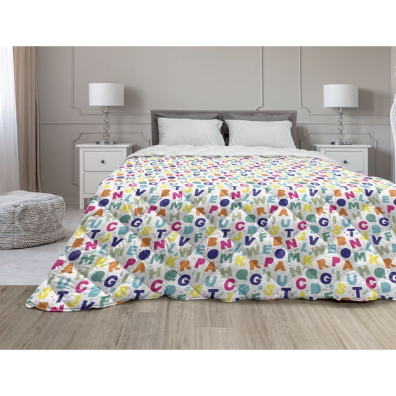 Alphabet Down Alternative Comforter, Pattern of Animals and First Letters Learning Themed Image, Microfiber Quilt for All Season, 5 Sizes, Multicolor, by Ambesonne