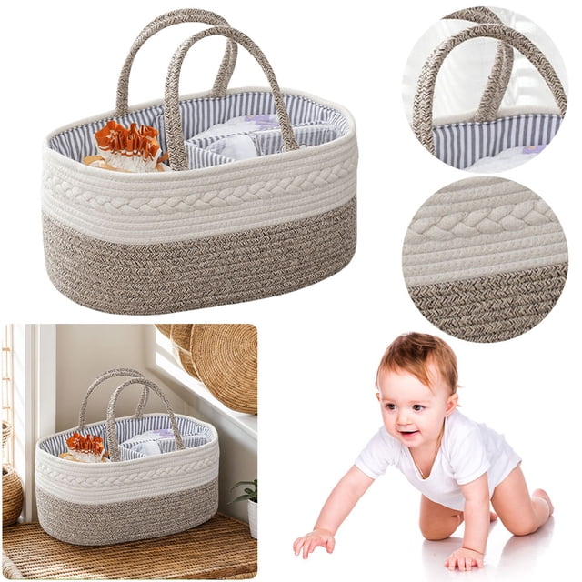 cesta bebé para guardería con divisor regalos baby shower artículos imprescindibles recién nacido cesta tejida de cuerda de algodón color masa arroz integral mezclado rosa, vista frontal centrada con dos asas, forro interior a rayas y divisor que organiza pañales y toallitas; detalle del trenzado exterior y asas, dimensiones aprox. 38x25x17 cm, también usada como cesta organizadora de cambiador y regalo práctico para mamá.