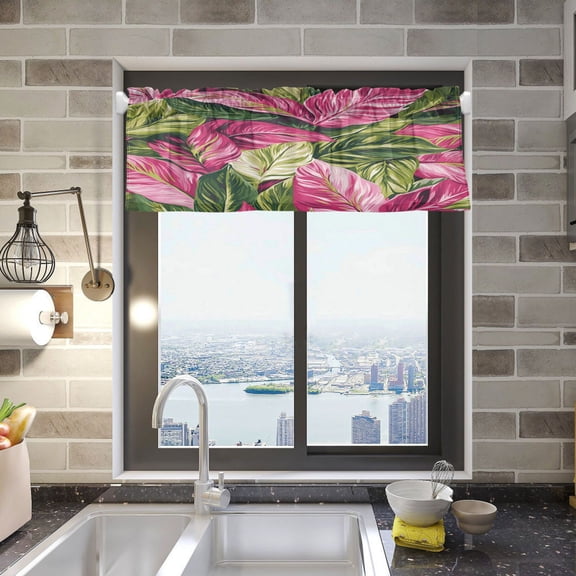 Pink and Green Tropical Leaves Curtain Valances Window Treatment Rod Pocket Drape Valance 54" X 18" for Kitchen Living Room Bedroom