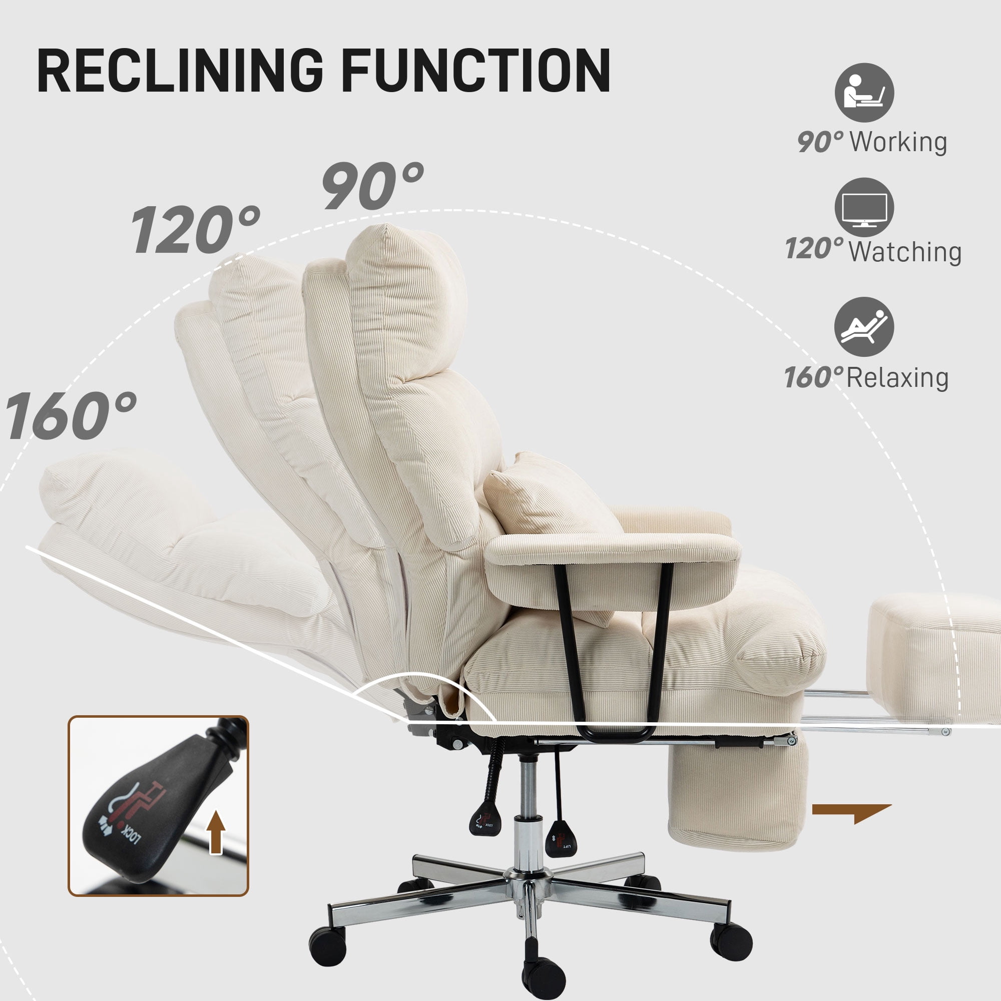 HOMCOM Large Overstuffed Office Chair, High Back Desk Chair with Lumbar Support, Footrest, Swivel Wheels, Reclining Computer Chair, Cream White