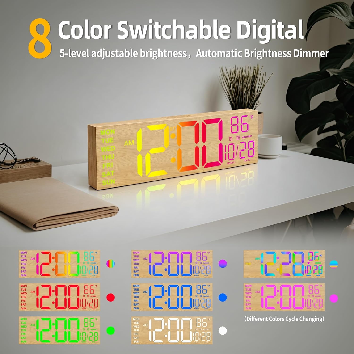 LEIKE New Wood Grain 16.2" Digital Wall Clock with Large Numbers, 8 Color Options, 5-Level Brightness, Temperature, Big Digit Display for Bedroom, Office & Living Room