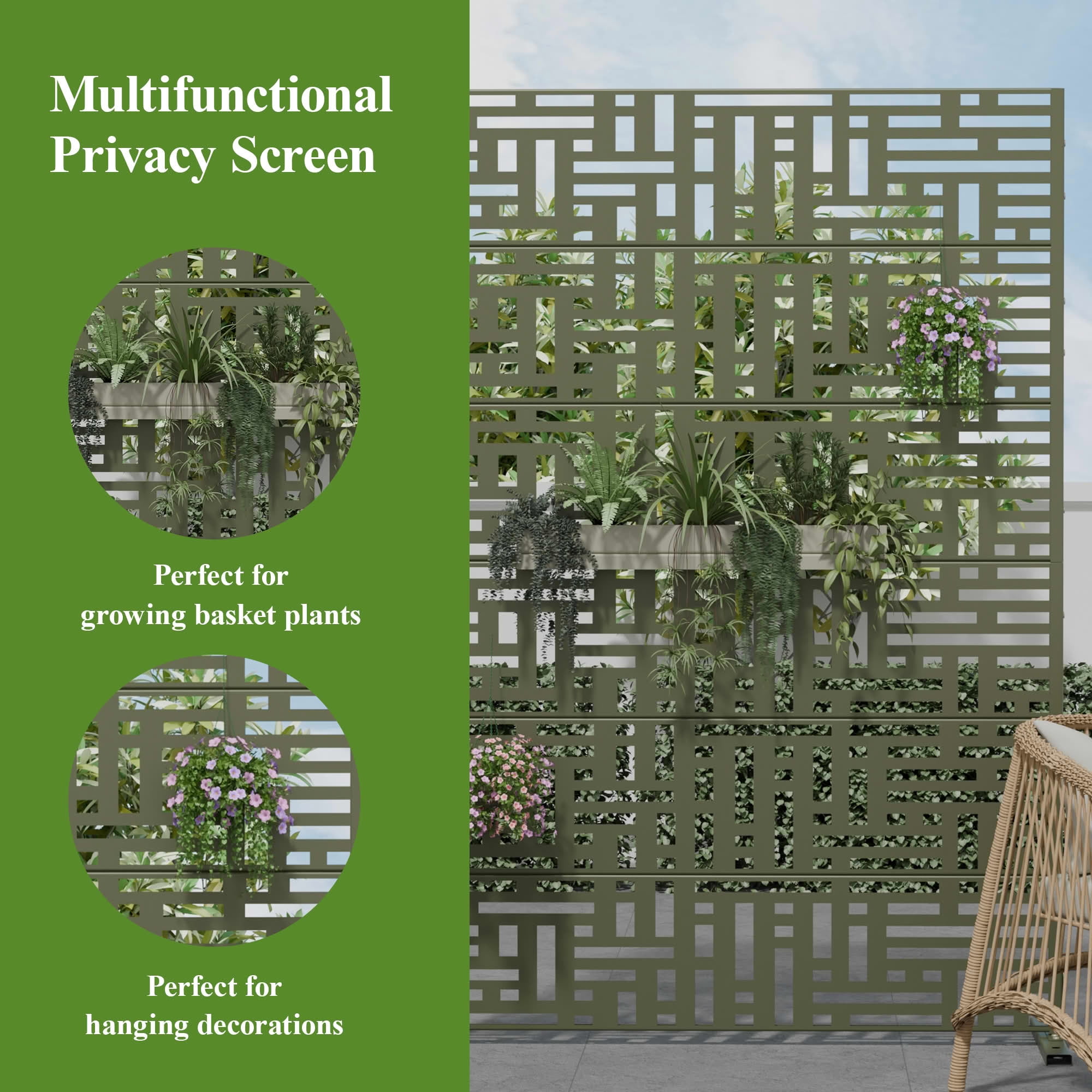 MAYEERTY 72"x47" Decorative Privacy Screen, 6-Panel Gray Olive Street Cutout Galvanized Steel Fence, Weather Resistant for Deck Balcony