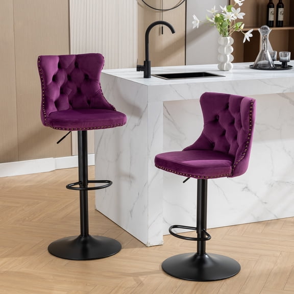 Holaki Set Of 2, Modern Classic Swivel Velvet Barstools, 25-33 Inch Adjusatble Seat Height, Upholstered Chrome Base Bar Stools With Backs Tufted, For Home Pub, Living Room, Kitchen(Black Base Purple)