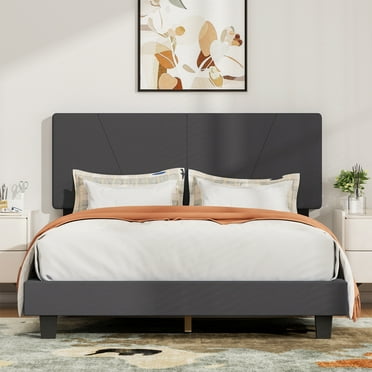6V-Sermmoo Queen Size Bed Frame with Upholstered Headboard,Wood Platform Bed Frame, Wood Slats Support, Gray