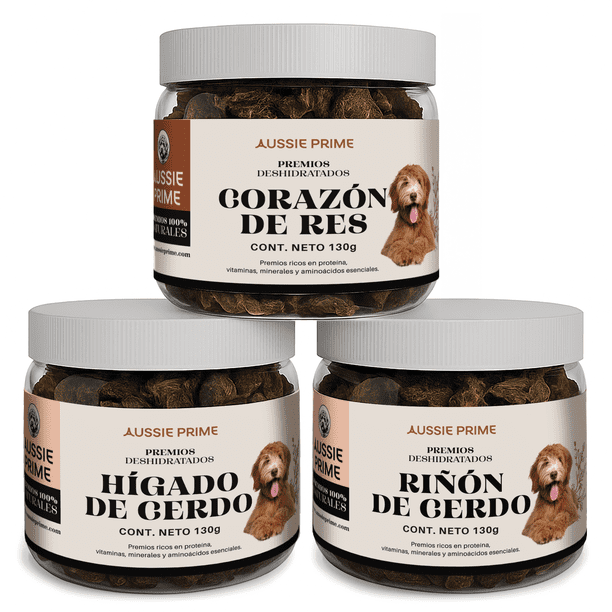 Aussie Prime Premios Para Perro Pack x3 Corazon de Res, Higado de Cerdo, Riñon de Cerdo 130g