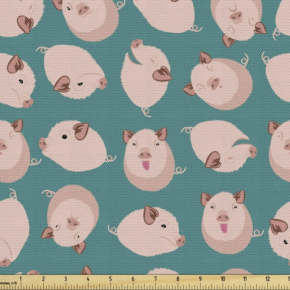 Pigs Upholstery Fabric by the Yard, Repeated Cartoon Layout of Piglets Farm Country Snorting Creatures, Decorative Fabric for DIY and Home Accents, 3 Yards, Rose and Pale Petrol Blue by Ambesonne