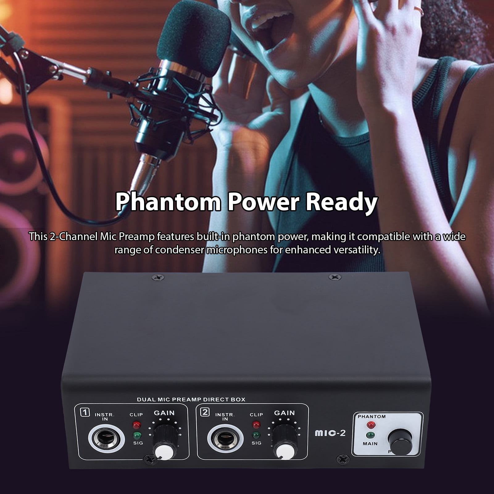 Yajisi 2 Channel Microphone Preamp Mic Preamplifier XLR Inputs Phantom Power Metal Shell for Recording Live Performances Black EU Plug (5.5 inches / 14 cm)