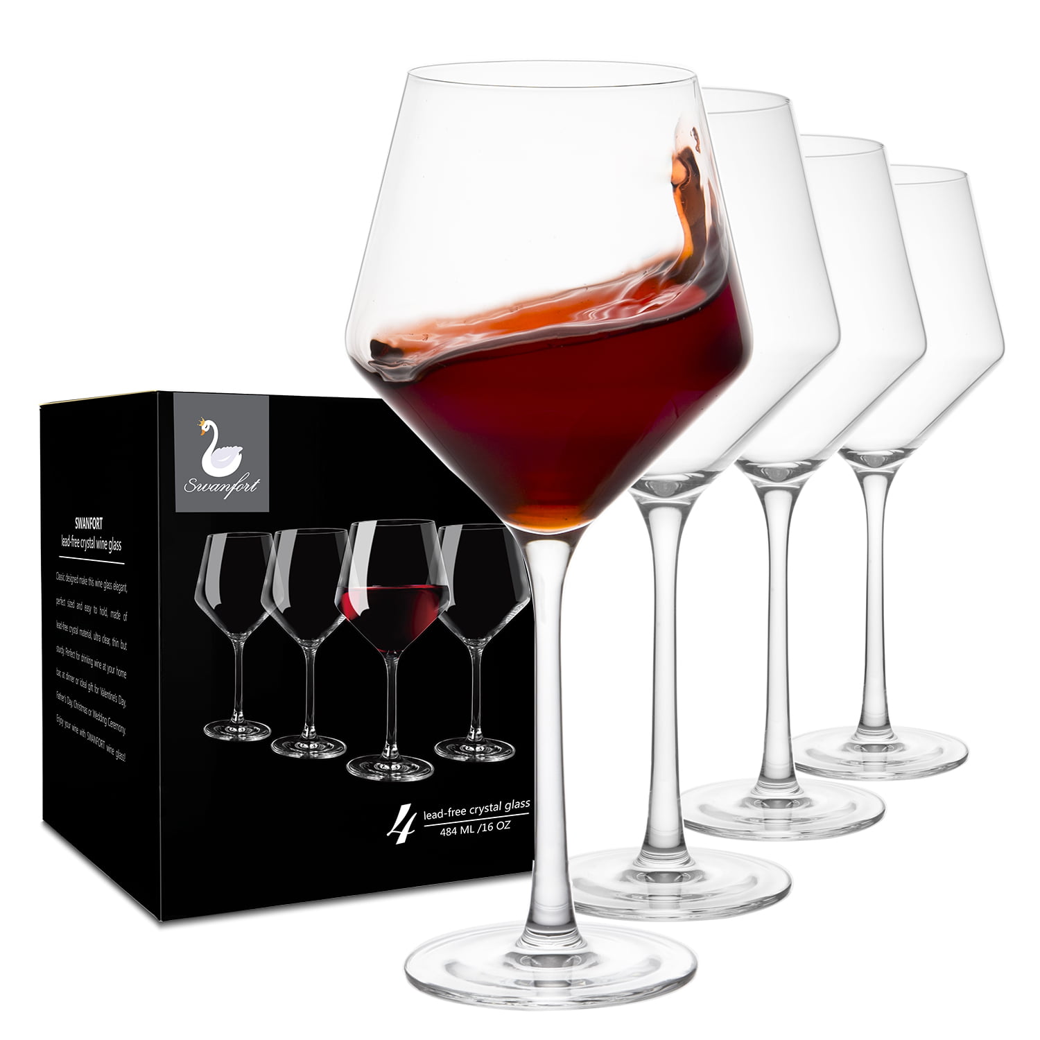 Swanfort Red Wine Glass,Set of 4 with Wine Accessories,Hand Blown Crystal Wine Glass,Lead Free Burgundy Wine Glasses,Premium Stemmed Wine Glasses,Large Bowl Wine Glass Set in Gift Box-340 ml