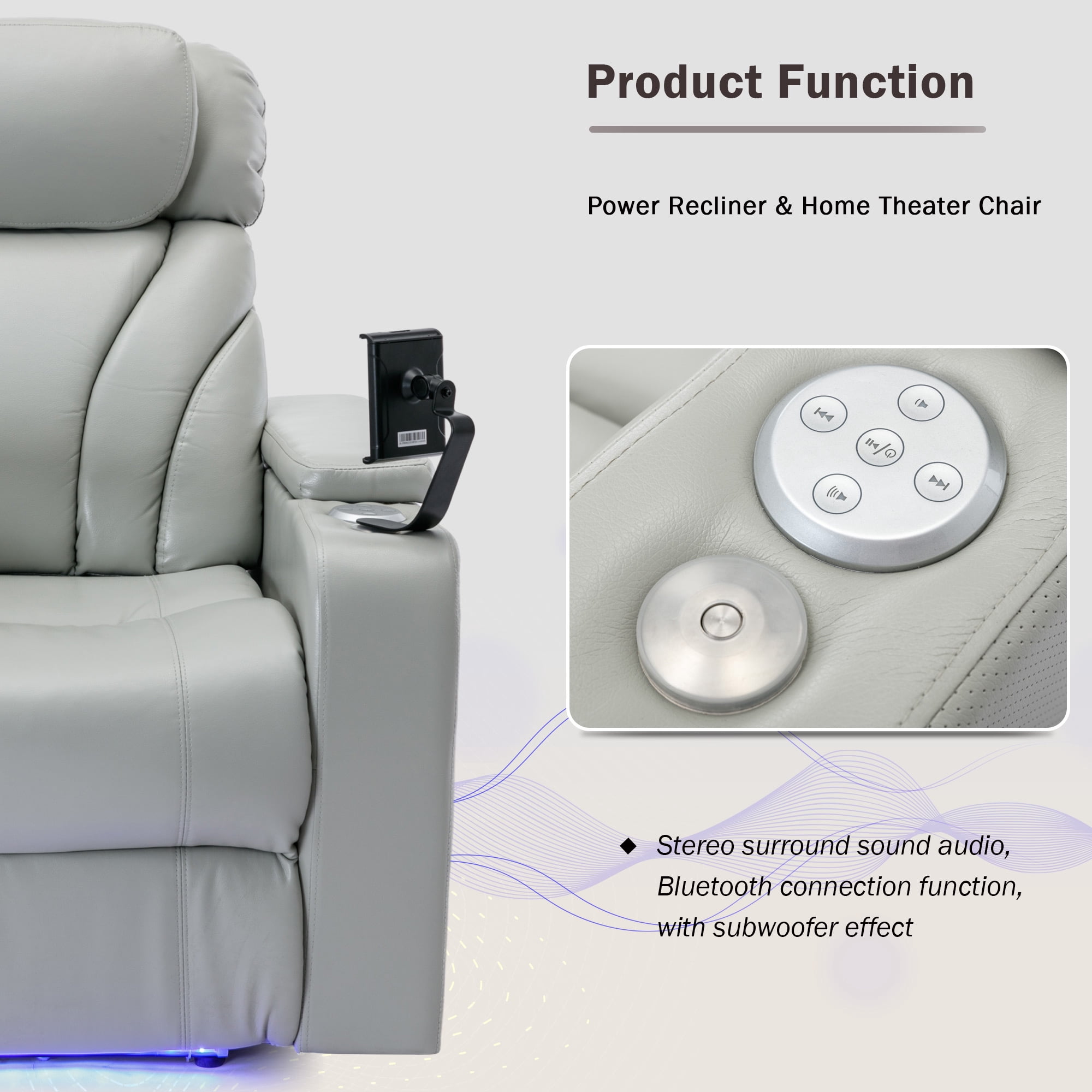 Harper & Bright Designs Electric Power Motion Recliner Chair with USB Charging & Bluetooth Speaker, Recliner w/ Hidden Storage, Cup Holders, Home Theater Living Room Chair, Light gray