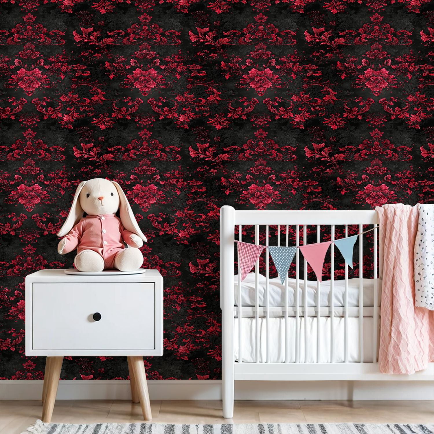 Peel and Stick Wallpaper Floral Damask Red Black Vintage Baroque Ornament Style Wall Mural 23.6in x 9.8ft Self Adhesive Removable Wall Paper Renter Friendly Wallpaper for Nursery Bedroom Cabinets