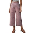 thumbnail image 2 of Pantalon 7/8 pour Femmes Travail Capris en Lin à Rayures pour Femmes Jambe Droite Taille Élastique Robe Décontractée Pantalon Court pour le Travail Voyage Rouge P, 2 of 9