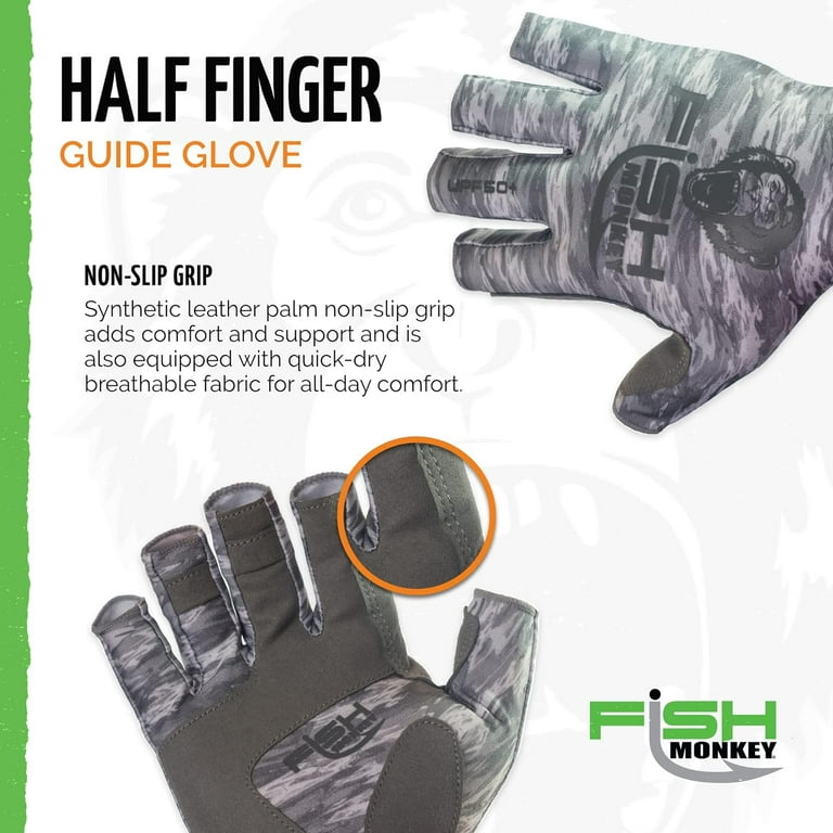 Fish Monkey FM11-GREYWTRCAM-L HalfFinger Guide Glove, UPF+50