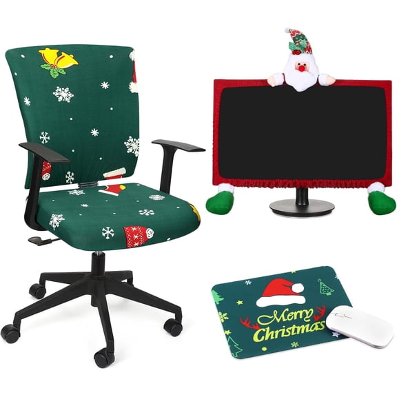 Christmas Office Chair Covers Set with Computer Monitor Cover and Mouse Pad Desk Chair Seat Covers Stretchable Protective Armchair Slipcovers(Tree,Green)