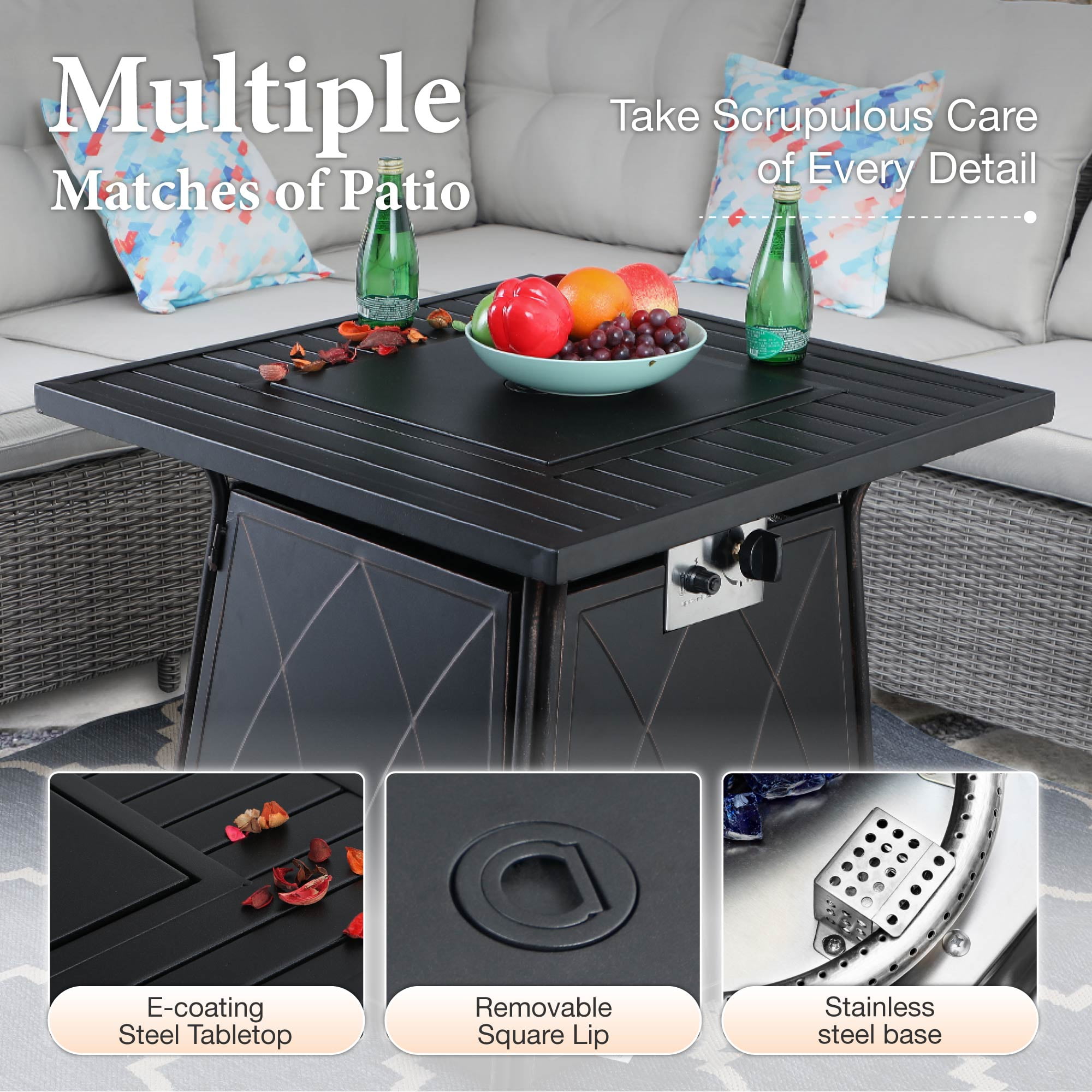 MF Studio 5-Piece Wicker Outdoor Conversation Set with Patio Chairs & 28-Inch Fire Pit Table, Dark Brown/Navy Blue