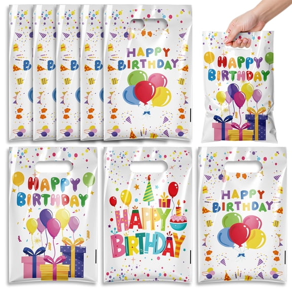 120 Pieces Birthday Candy Bags Happy Birthday Goodie Bag Plastic Treat Bags Gift Wrap with Handles Favor Bags For Birthday Party Decoration Supplies (White)