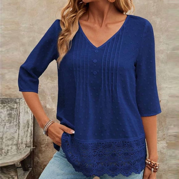 Uootdi 3/4 Sleeve Tops for Women V Neck Pleated Half Placket Loose Fit Curved Hem Casual Daily Office Commute Blouses Gift