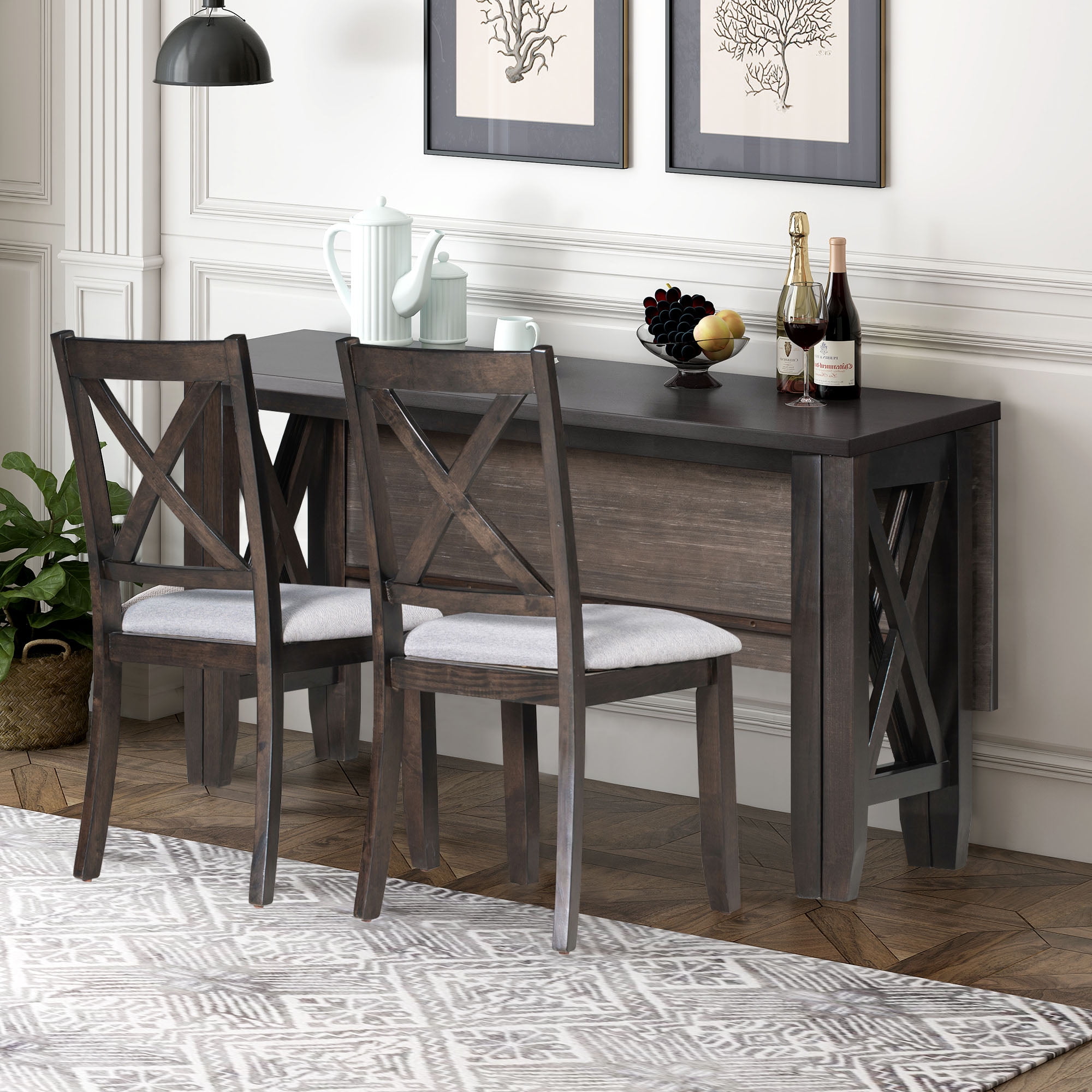 Howcool 6-Piece Solid Wood Dining Set, Space Saving Foldable Table, 4 Chairs & Bench, Espresso