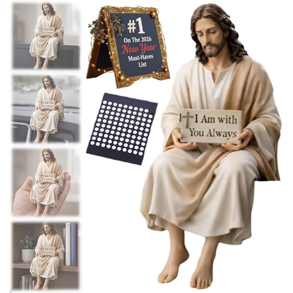 Jesus Resin Desk Companion Figurine, Car Dashboard Home Office Table Decor Jesus Christ Statue with "I Am with You Always" Sign, Handmade Sitting Decorative, Unique Spiritual Gift