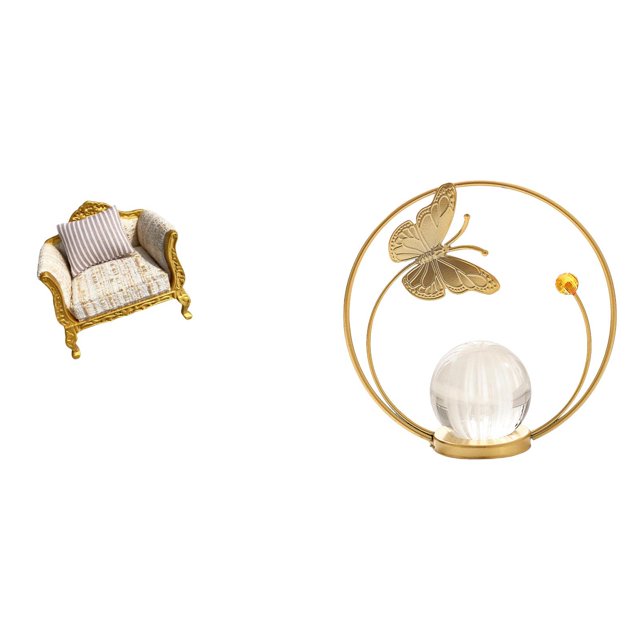 Escultura De Bola De Cristal En Miniatura De Sofá De Madera, Figura De Metal, Adorno De Escritorio Para Interiores, Estatua, Soporte, Artesanía, Muebles De Simulación, Juguete Para Casa De