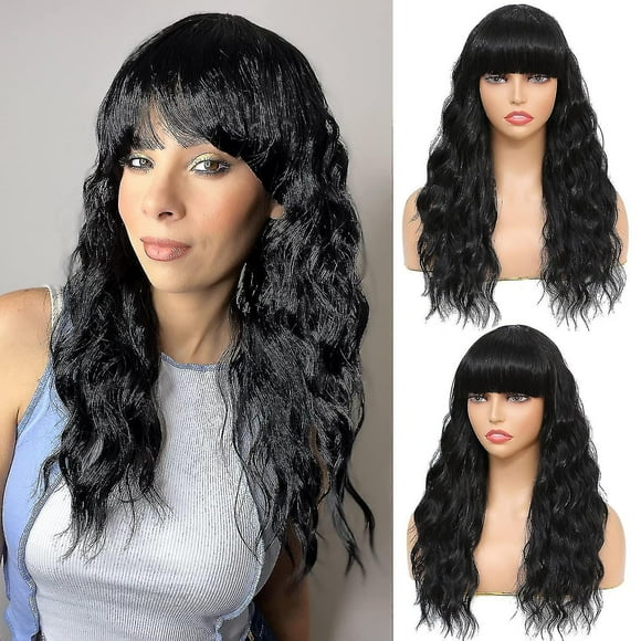 Black Wavy Wig With Bangs For Women 20 Inches Synthetic Nature Curly Wig For Girls Medium Length Heat Friendly Wave Hair Natural Looking Realistic Ban