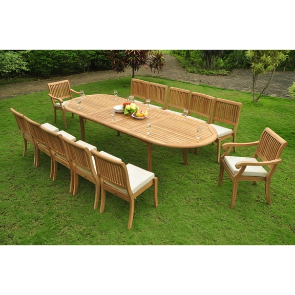 Teak Dining Set: 12 Seater 13 Pc: 117" Double Extensions Oval Dining Table & 10 Armless & 2 Arm/Captain Arbor Stacking Chairs Outdoor Patio Grade-A Teak Wood WholesaleTeak #WMDSAB67