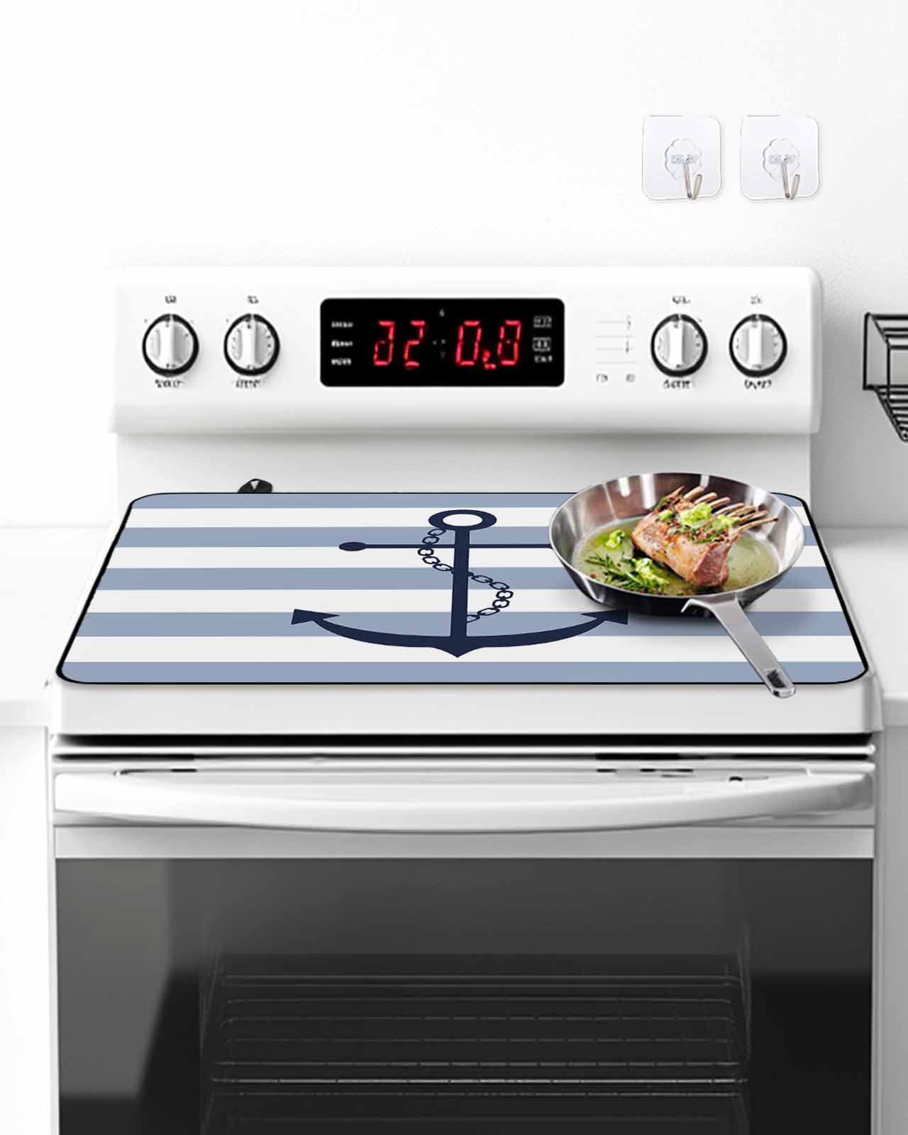 Stove Top Covers for Electric Stove,Blue White Striped Glass Stovetop Cover Protector,Navy Blue Beach Nautical Anchor Ocean Coastal Induction Cooktop Protector Oven Mat for Kitchen Countertop 24"x21"