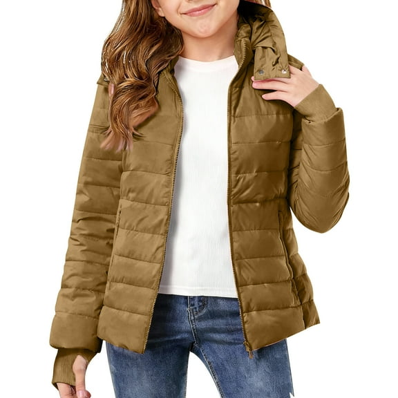 ATOGUTA Girls Down Coat Kids Winter Quilted Hooded Puffer Jacket with Zipper Pockets Size 3T-12, Khaki