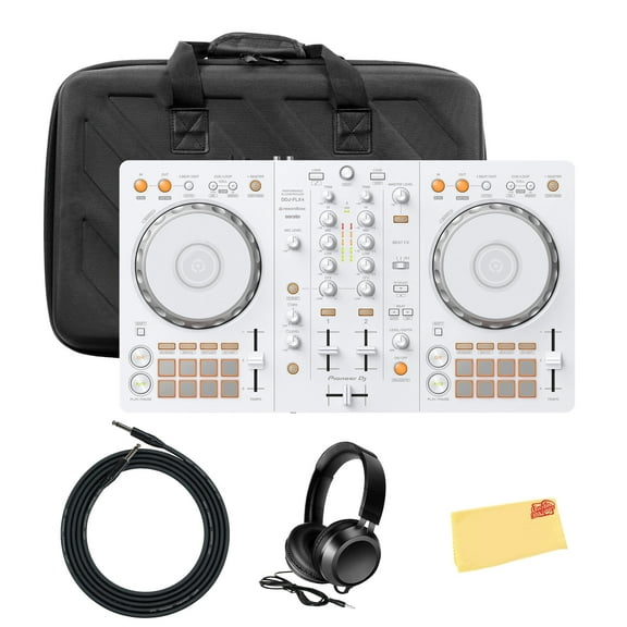Pioneer DJ DDJ-FLX4 2-Channel DJ Controller - White Bundle with Case, Headphones, Instrument Cable, and Austin Bazaar Polishing Cloth