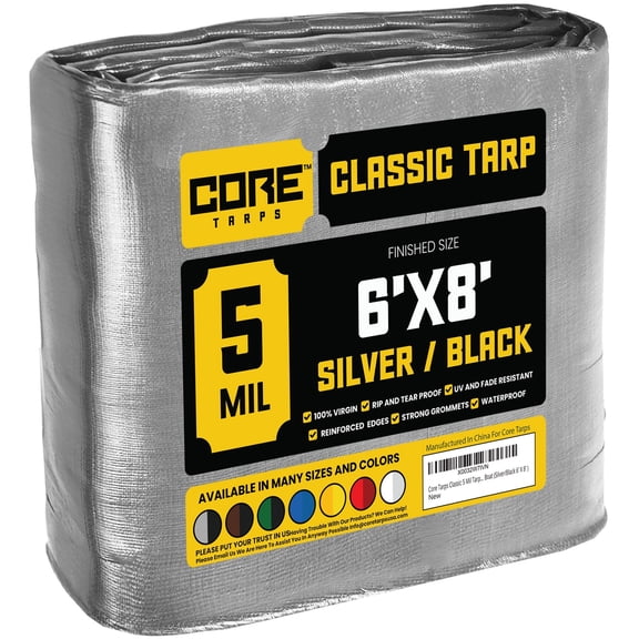 Core Tarps 5 Mil Classic Tarp Tarpaulin Waterproof Cover, Silver and Black 6 x 8Ft