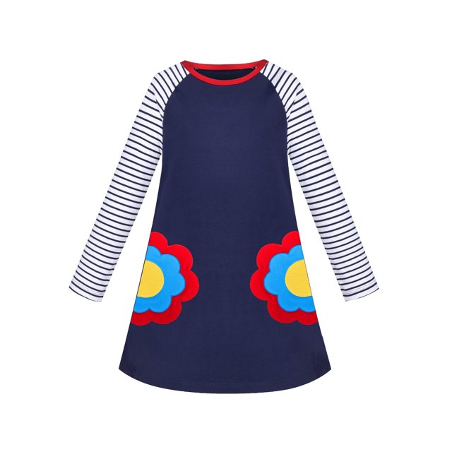 Robe Fille Manches Longues Broderie Fleur Bleu Marine Coton Décontracté 4 Ans