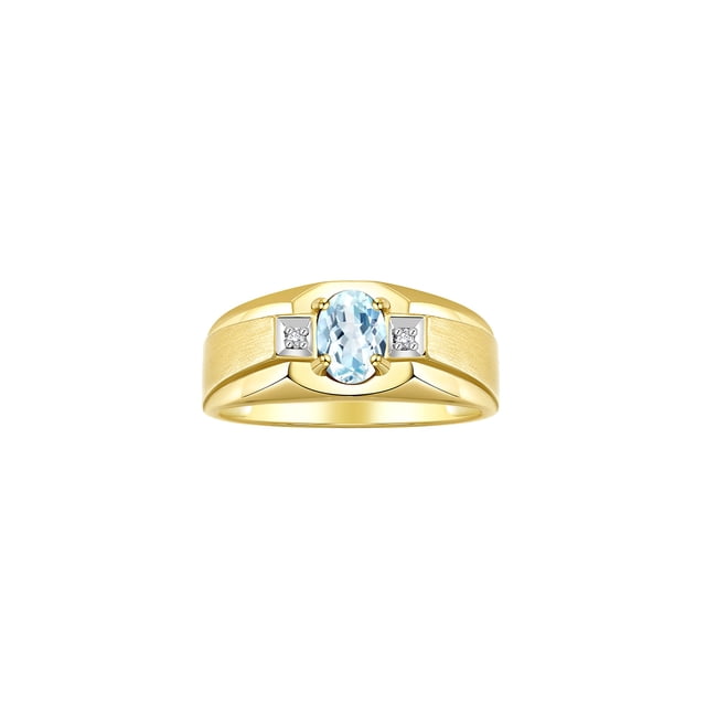 RYLOS Men's Rings 14K Yellow Gold Classic 7X5MM Oval Gemstone & Diamond Ring Aquamarine March Birthstone Rings For Men, Gold Rings Size 8