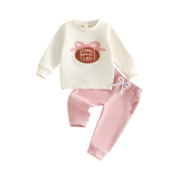 RUINIXCW Toddler Baby Girls Fall Outfit Fashionable Football Bow Embroidery Long Sleeve Pullover with Pants 2Pcs Set