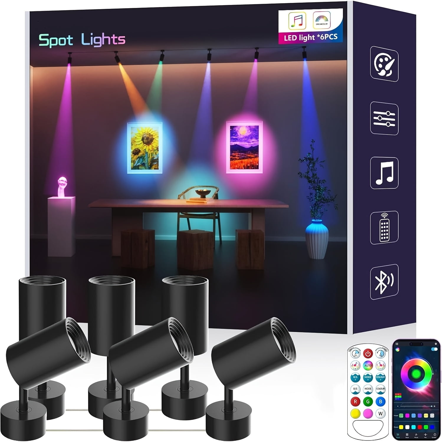 GIPOYENT Led Rgb Spot Lights, 6 Pack Color Changing with App Remote Music Sync, Indoor for Bedroom Tv Wall
