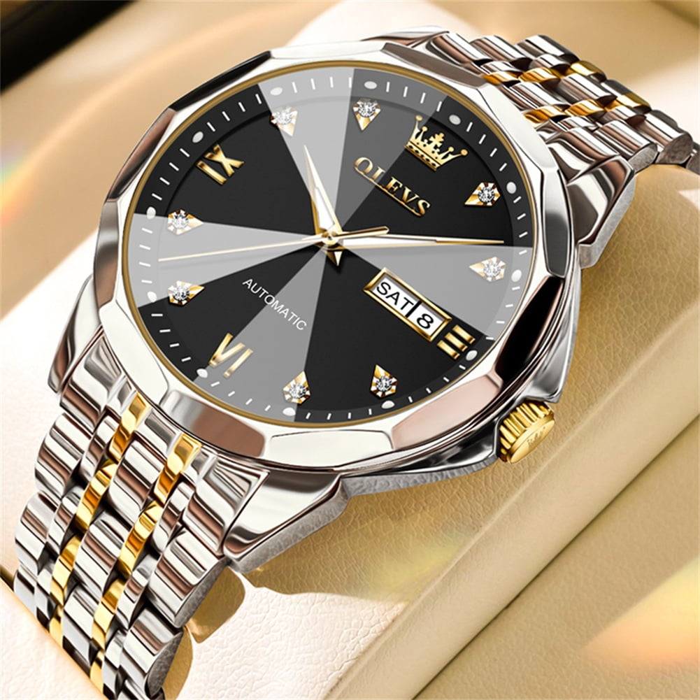 OLEVS Automatic Watches for Men Self Winding Mechanical Luxury Dress Stainless Steel Two Tone Strap Diamond Waterproof Luminous Date Mens Wrist Watches Reloj Para Hombre Black/Blue/Gold/White
