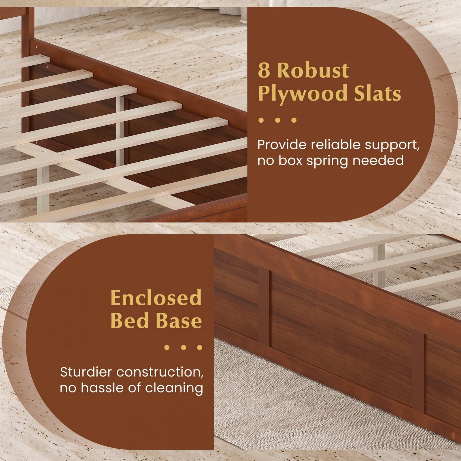Furnibear Full Size Bed Frame with Storage, Wooden Platform Bed with Plank Headboard and 2 Storage Drawers, Walnut