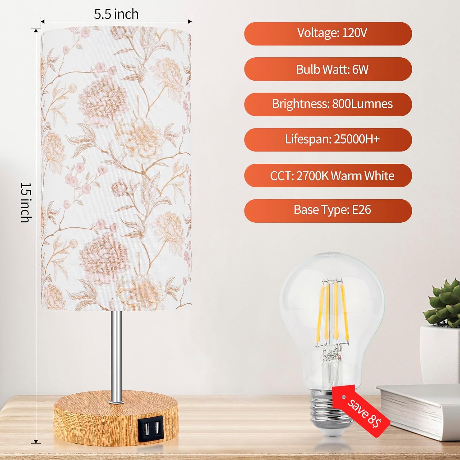 Cinkeda 15" Touch Control Table Lamp with USB Ports photo 7
