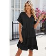 thumbnail image 4 of Womens Summer Dresses Casual Smocked V Neck Flutter Sleeve Cute T Shirt Sundress Solide Color Midi Beach Vacation Dresses (Black,Medium), 4 of 6
