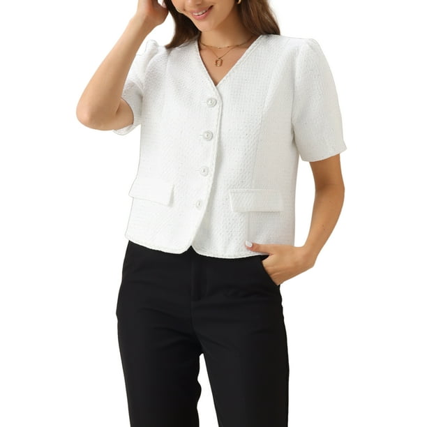 CHAQUETA CORTA DE MUJER CON CUELLO DE TWEED SIN CUELLO Y MANGA CORTA PUFF, BOTONES, L BLANCA