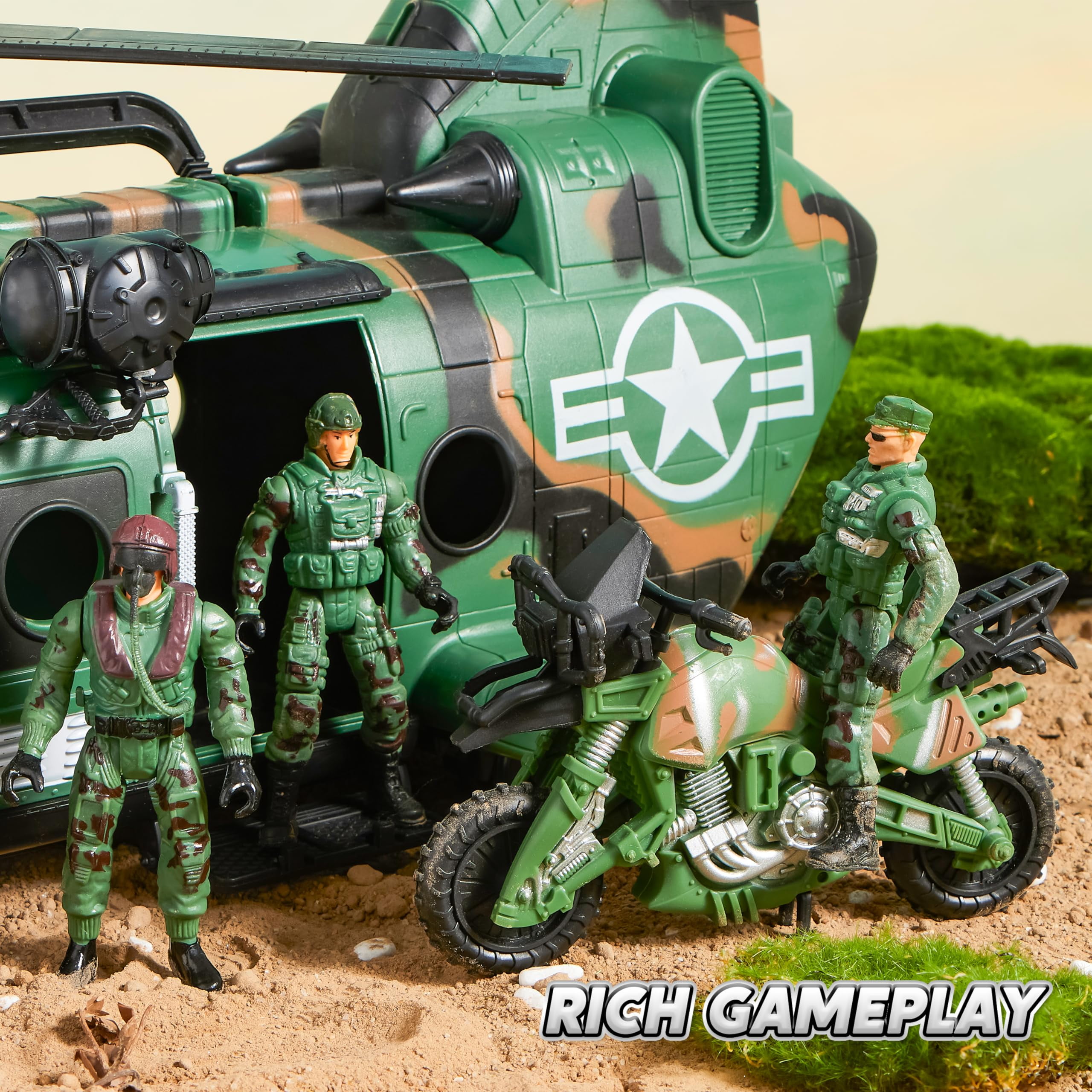 Joyfy 10-in-1 Military Helicopter Toy Set with Light & Sound, Trucks, Boat, Bike, Army Men & Weapons - Army Toys for Boys, Christmas Birthday Gifts for 3+