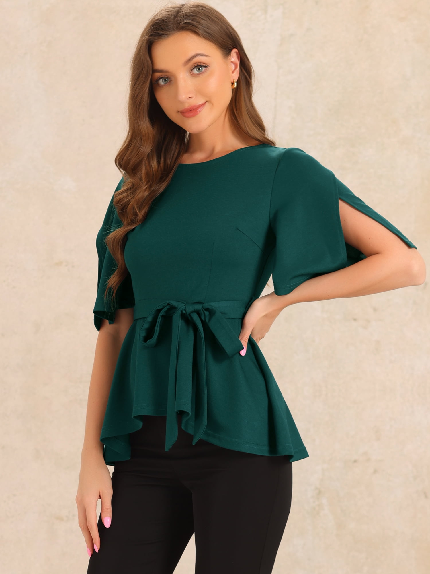 DARING DIVA Women's Split Half Sleeve Crew Neck Peplum Blouses M Dark Green
