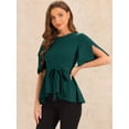 thumbnail image 4 of DARING DIVA Women's Crew Neck Belted Knot Drap Peplum Blouse L Dark Green, 4 of 6